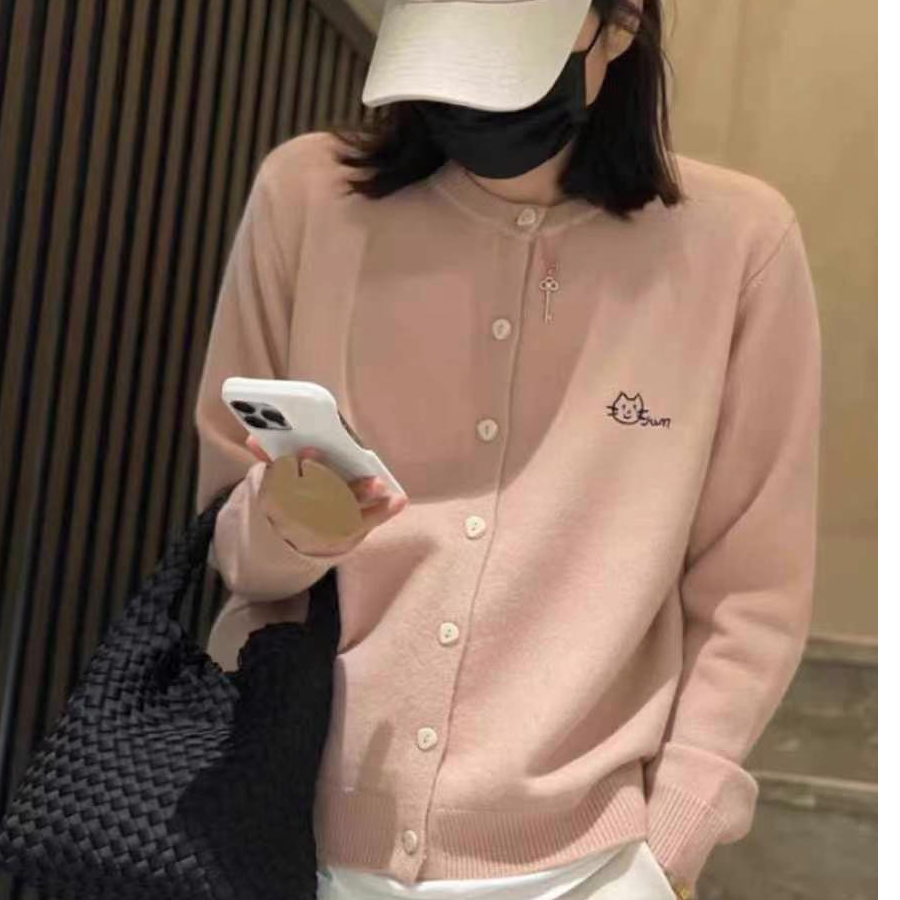 小猫刺绣针织开衫外套新款显瘦百搭圆领减龄长袖上衣