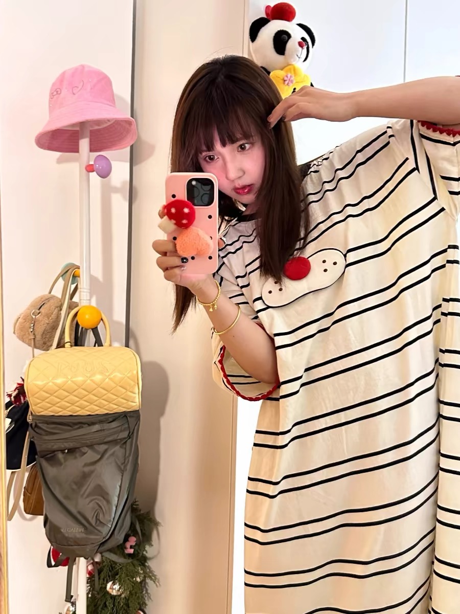 韩版可爱短袖酷猫连体睡衣女夏季新款大码家居服中长款睡衣可外穿