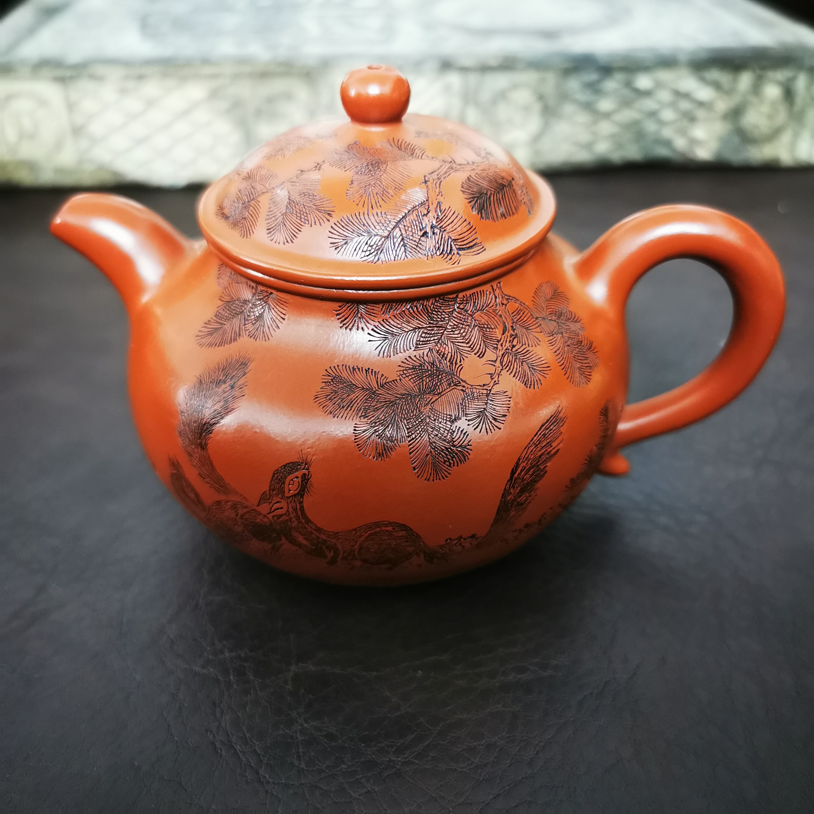 尚石窑红泥水平壶精品紫砂壶朱泥莲子壶刻绘茶具