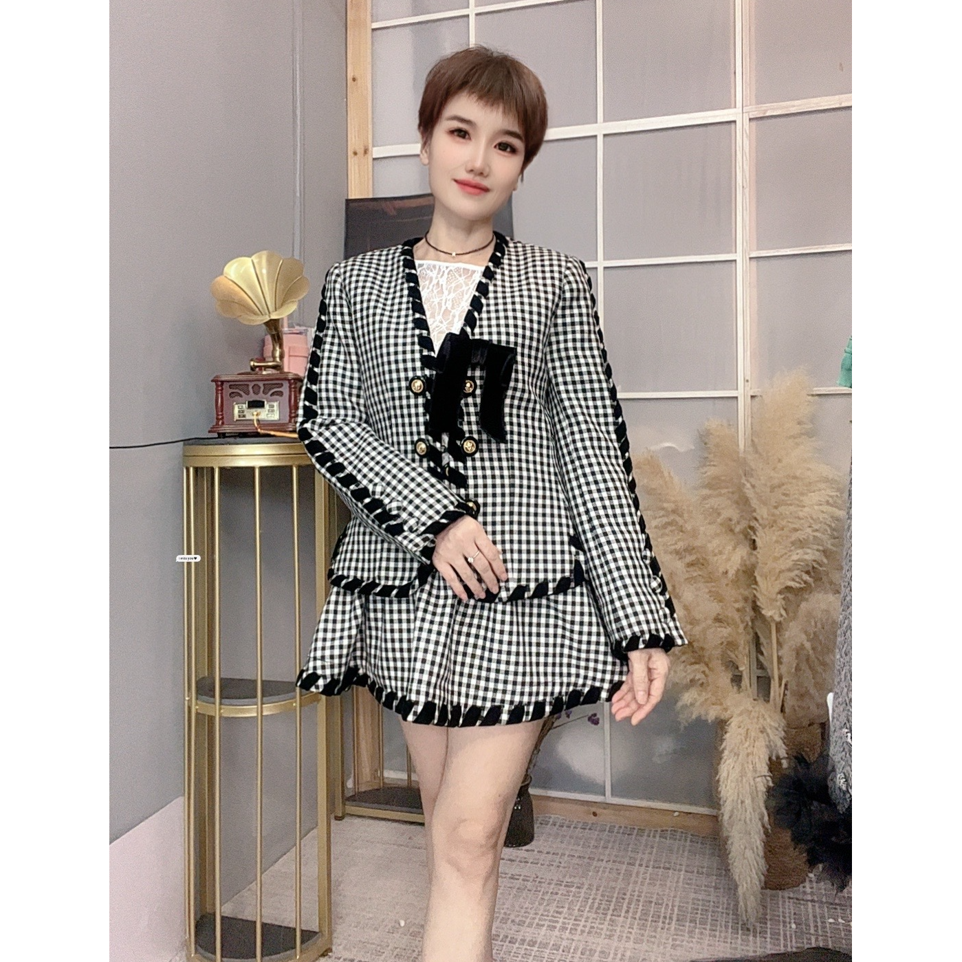 姐魅定制 《LFM千金格格》秋季新款重工千鸟格套装