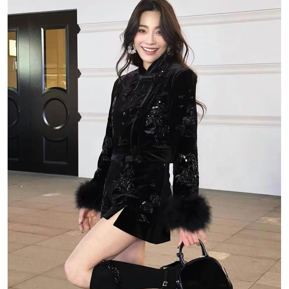 姐魅定制 《LFM亭台楼阁》自留款重工亮钻加绒黑色丝绒套装