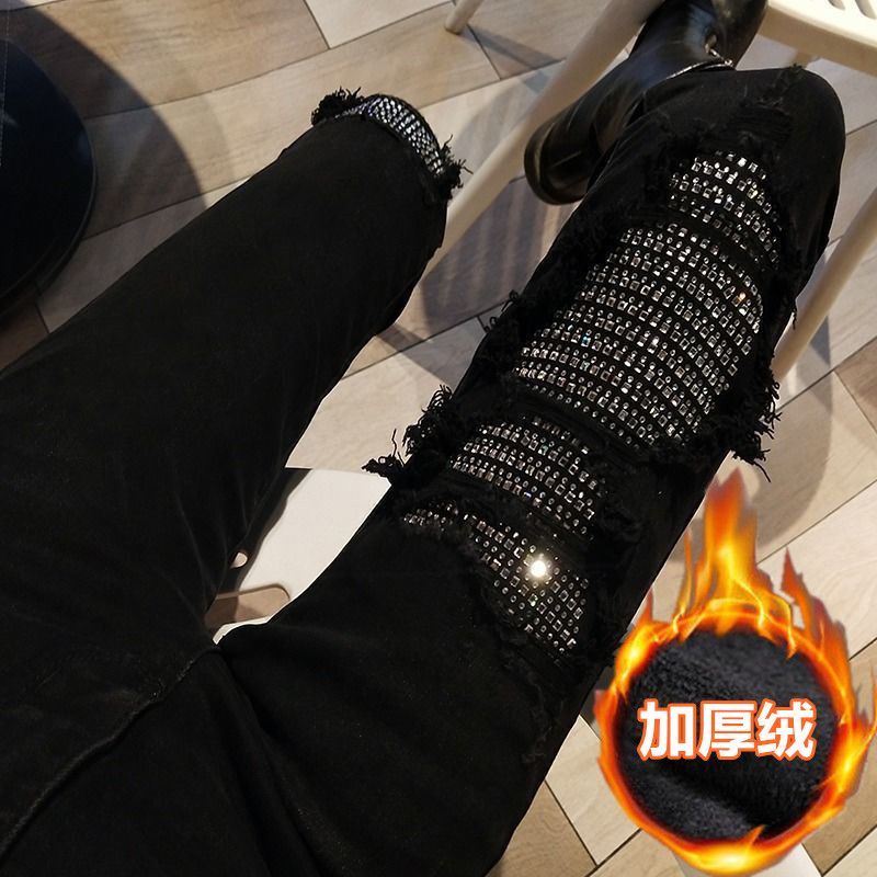 80-200斤大码破洞黑色牛仔裤女2023秋冬加绒弹力紧身小脚九分裤子