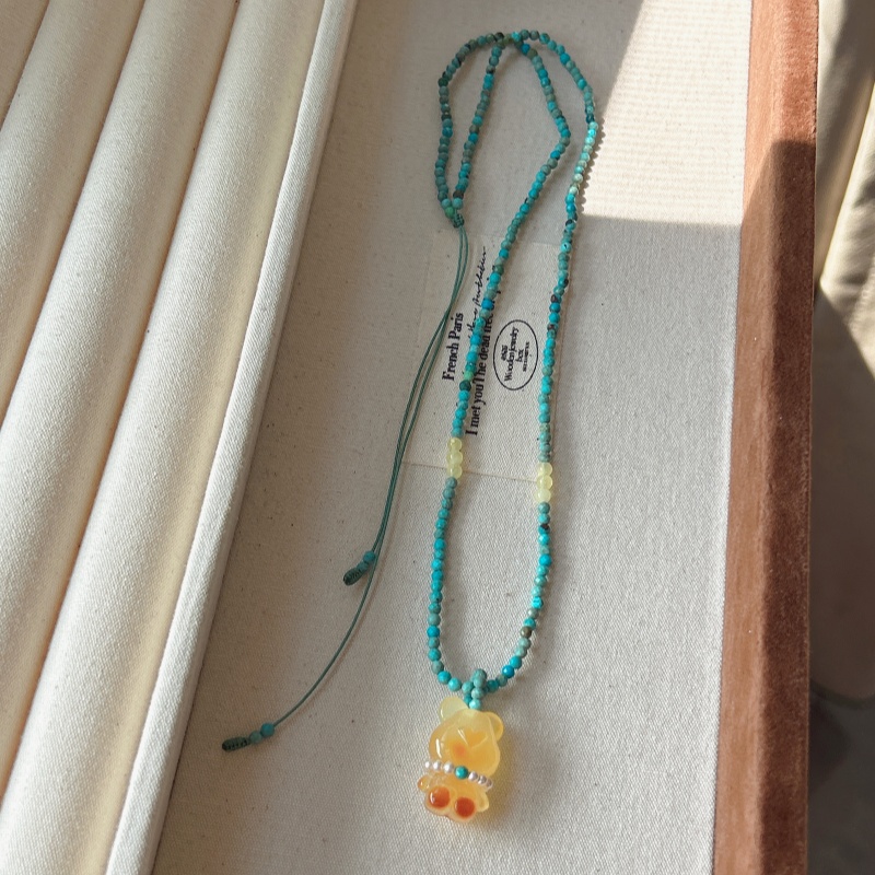 原创天然刻面绿松蜜蜡小熊项链48cm拉伸可调时尚个性多样性发一