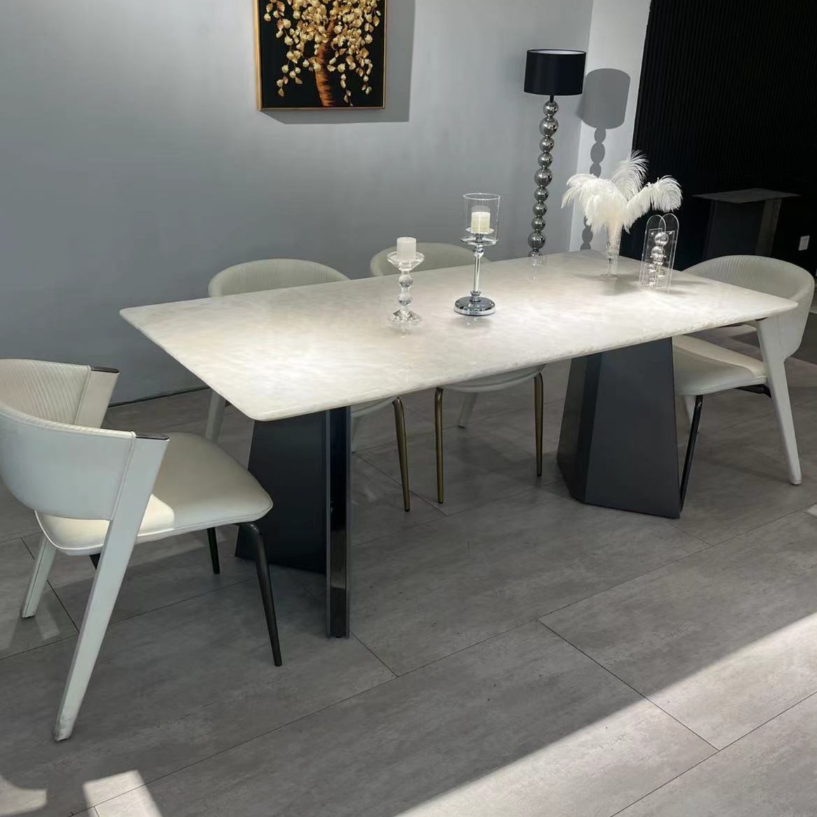 月光白大理石长桌轻奢现代简约餐厅家用别墅吃饭桌不锈钢奢石桌子