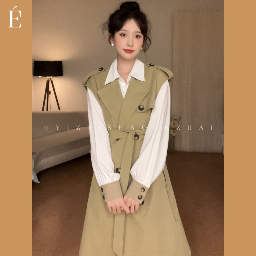 SE【罗马画报】春秋遮肉连衣裙时尚套装马甲衬衫随机