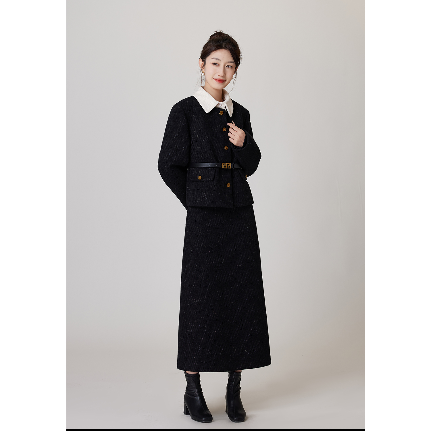 SE【奥黛小姐】矜贵复古赫本风黑色毛呢b半裙S2023122603