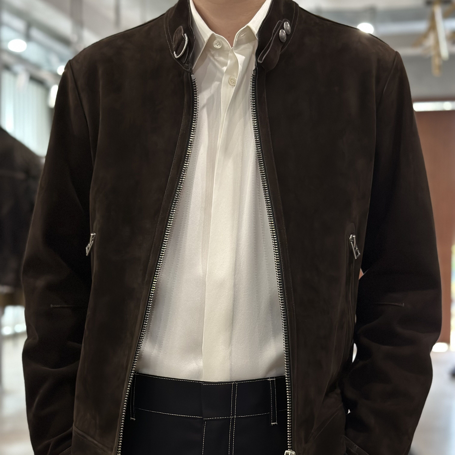 LA CALIFFA 68350元 版“利落总裁 乌木色”羊皮立领 机车夹克