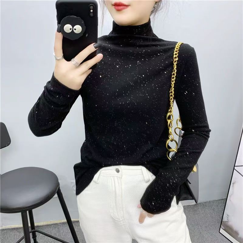 德绒亮片秋冬新款打底衫内搭修身显瘦洋气半高领网红百搭长袖时尚