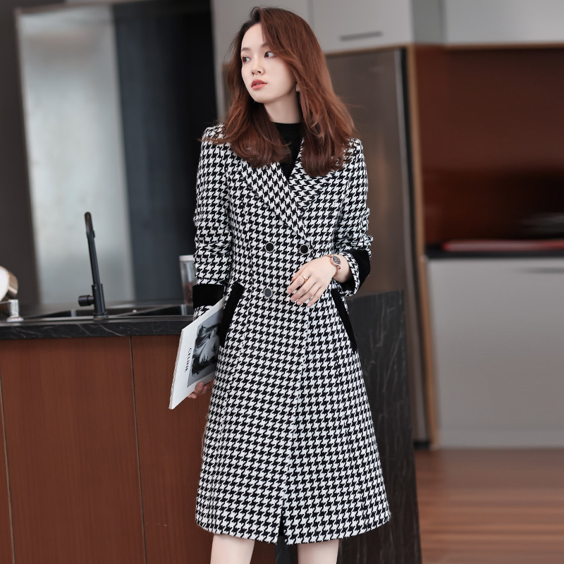 时尚复古千鸟格粗花呢风衣中长款冬气质西装大衣毛呢外套