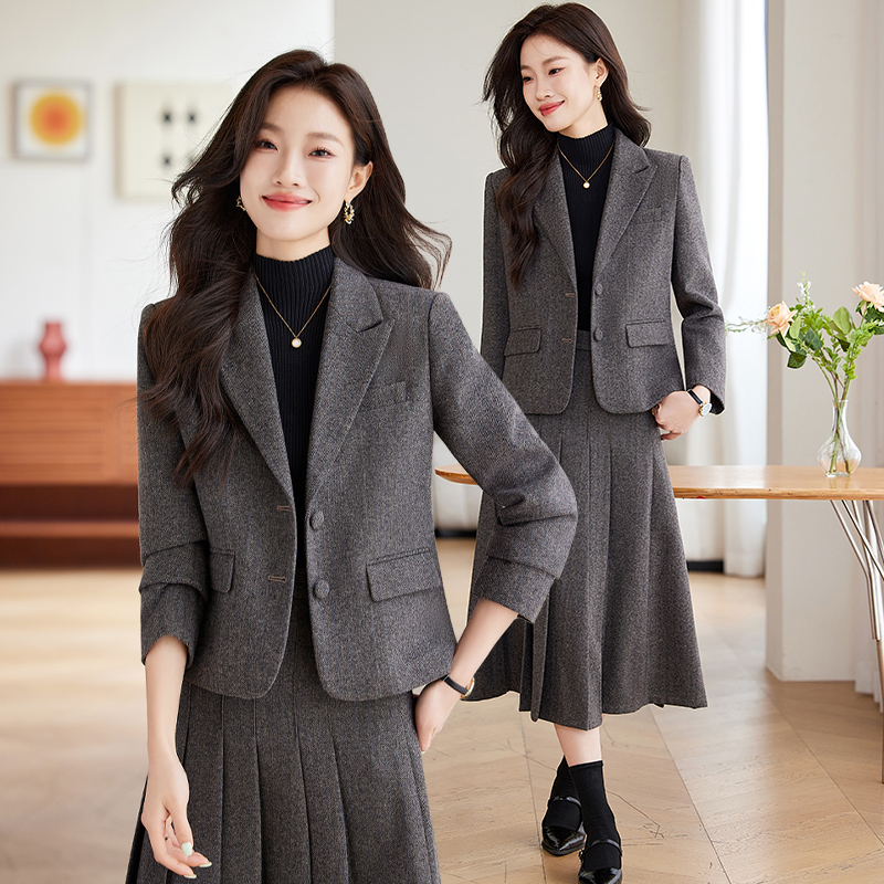 秋冬厚款高端呢子灰色小西装套装裙短外套女韩版气质上衣毛呢休闲