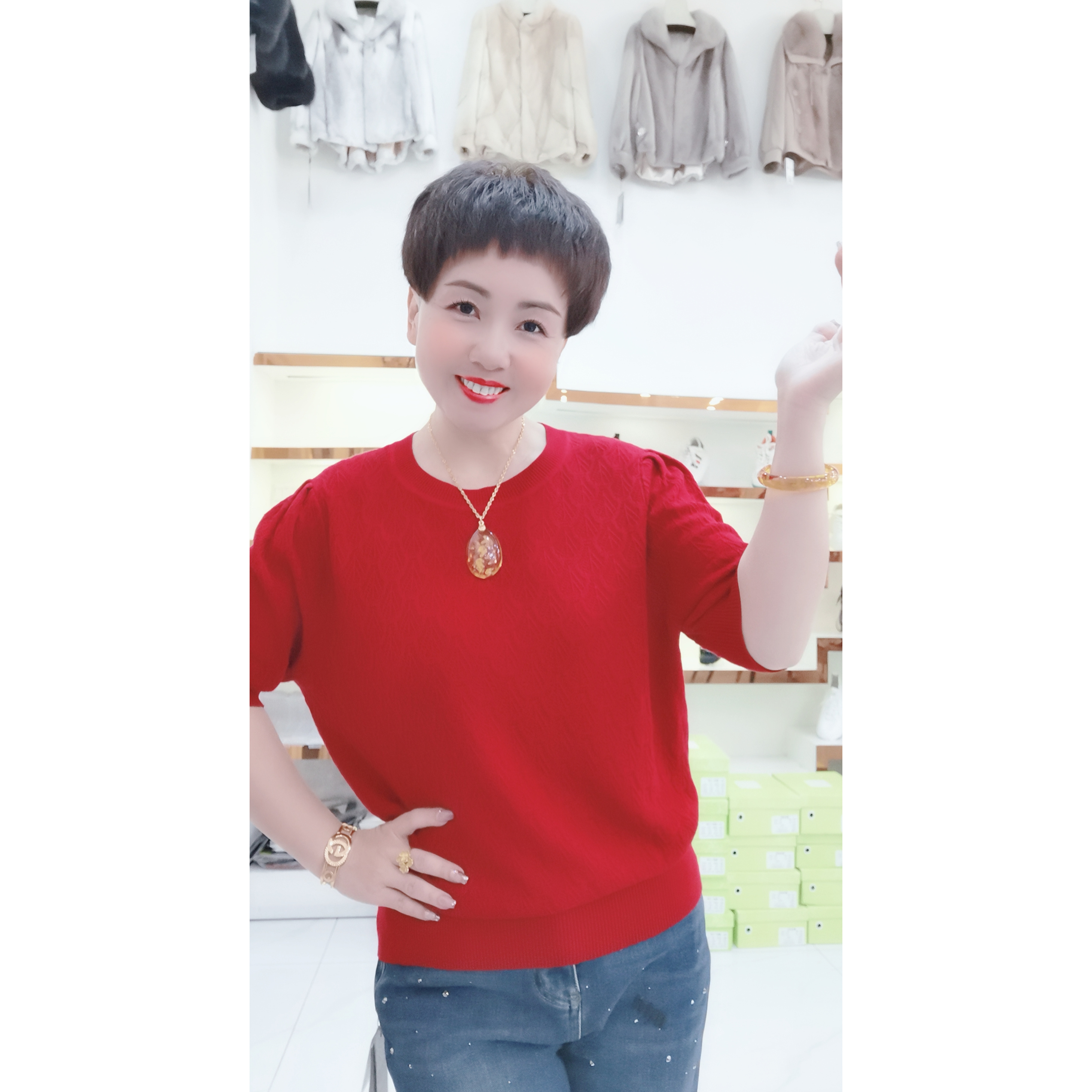 007 女士夏季半袖时尚洋气圆领宽松薄款显瘦高档简约大气女装纯色