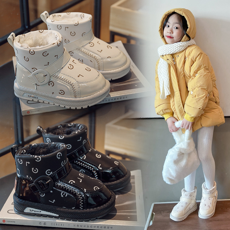 ABCYEEF儿童加绒加厚雪地靴2023年冬季新款女童纯色防滑防水保暖