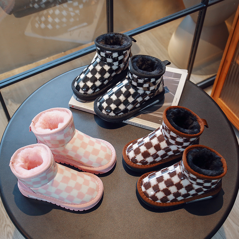 ABCYEEF儿童大棉雪地靴年冬季男童时尚网格大棉靴女童加绒加厚保