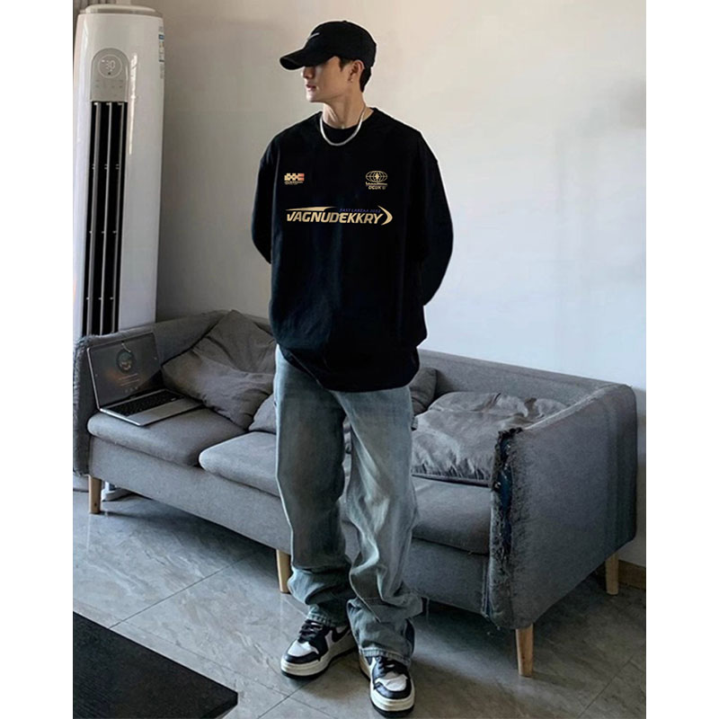 美式潮牌设计感字母印花长袖T恤男秋季街头百搭重磅棉纯打底上衣