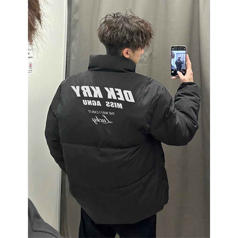 国潮牌创意字母印花面包服男冬季oversize休闲百搭设计感立领外套