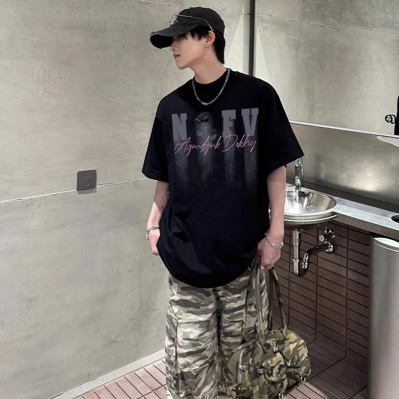 美式复古风字母创意印花短袖t恤男士夏季潮牌复古宽松ins纯棉上衣