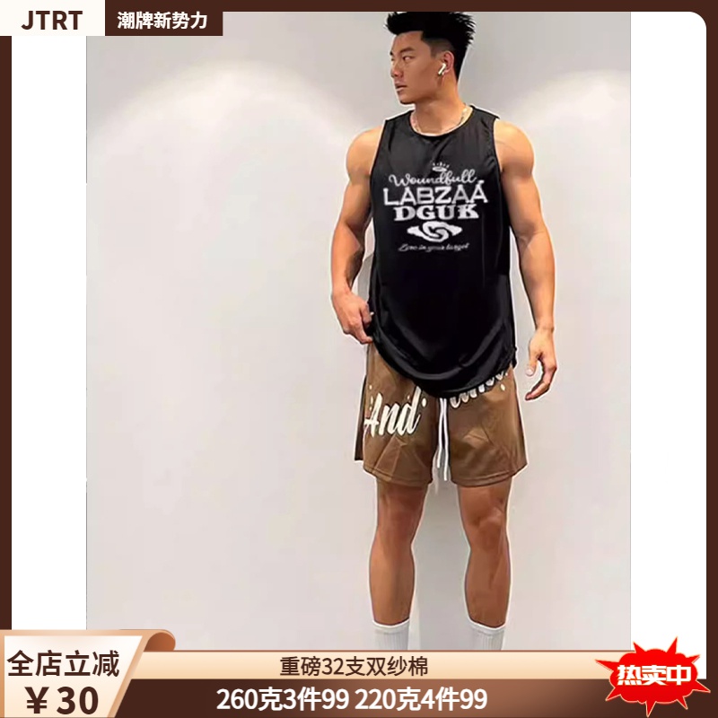 欧美ins潮牌创意字母印花棉纯无袖男士夏季百搭宽松运动坎肩上衣