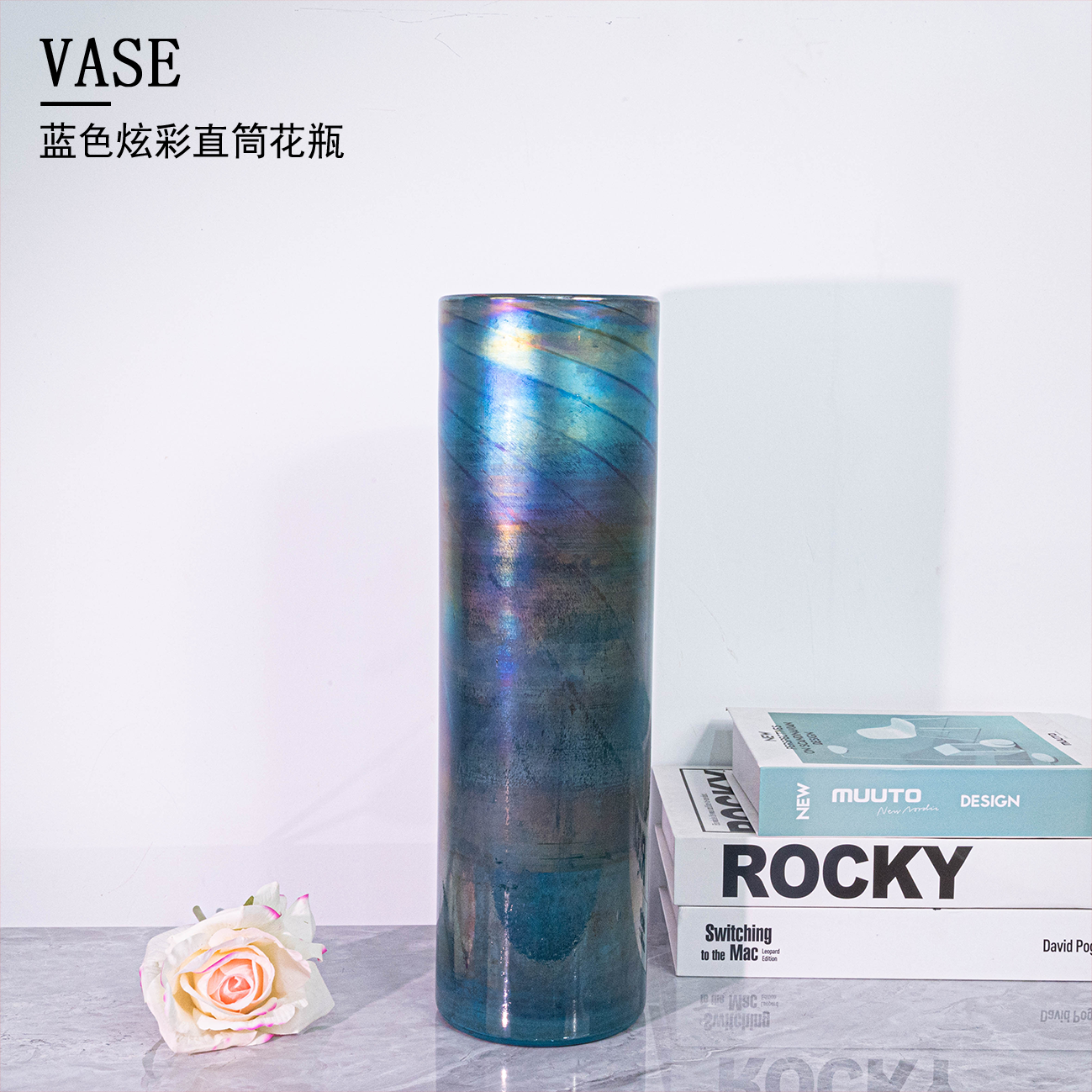 J305欧式轻奢时尚蓝炫彩圆柱形琉璃花瓶桌面简约花卉装饰