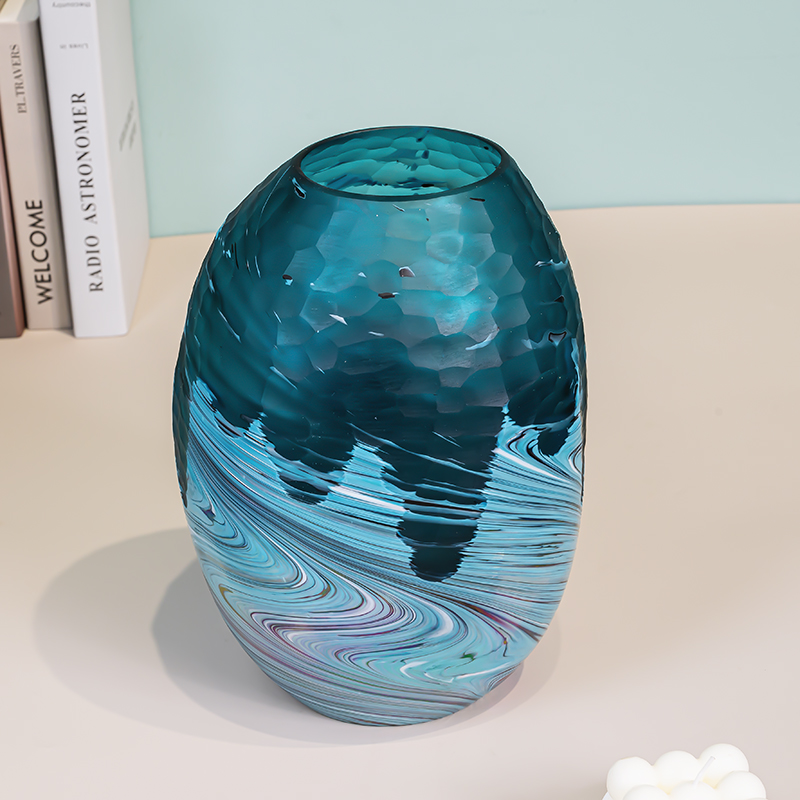 L085 现代化水墨蓝刻磨花瓶居家装饰摆件客厅餐厅样板间插花器