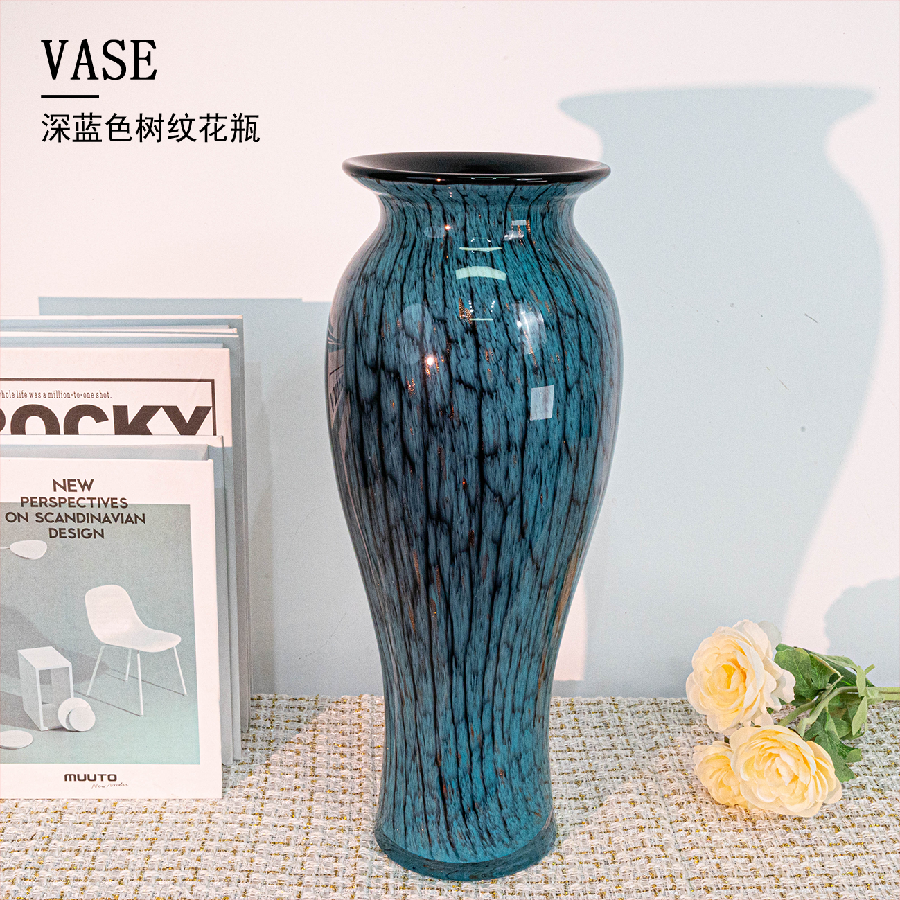 时尚简约轻奢复古蓝炸纹小蛮腰琉璃花瓶客厅时尚摆件J128