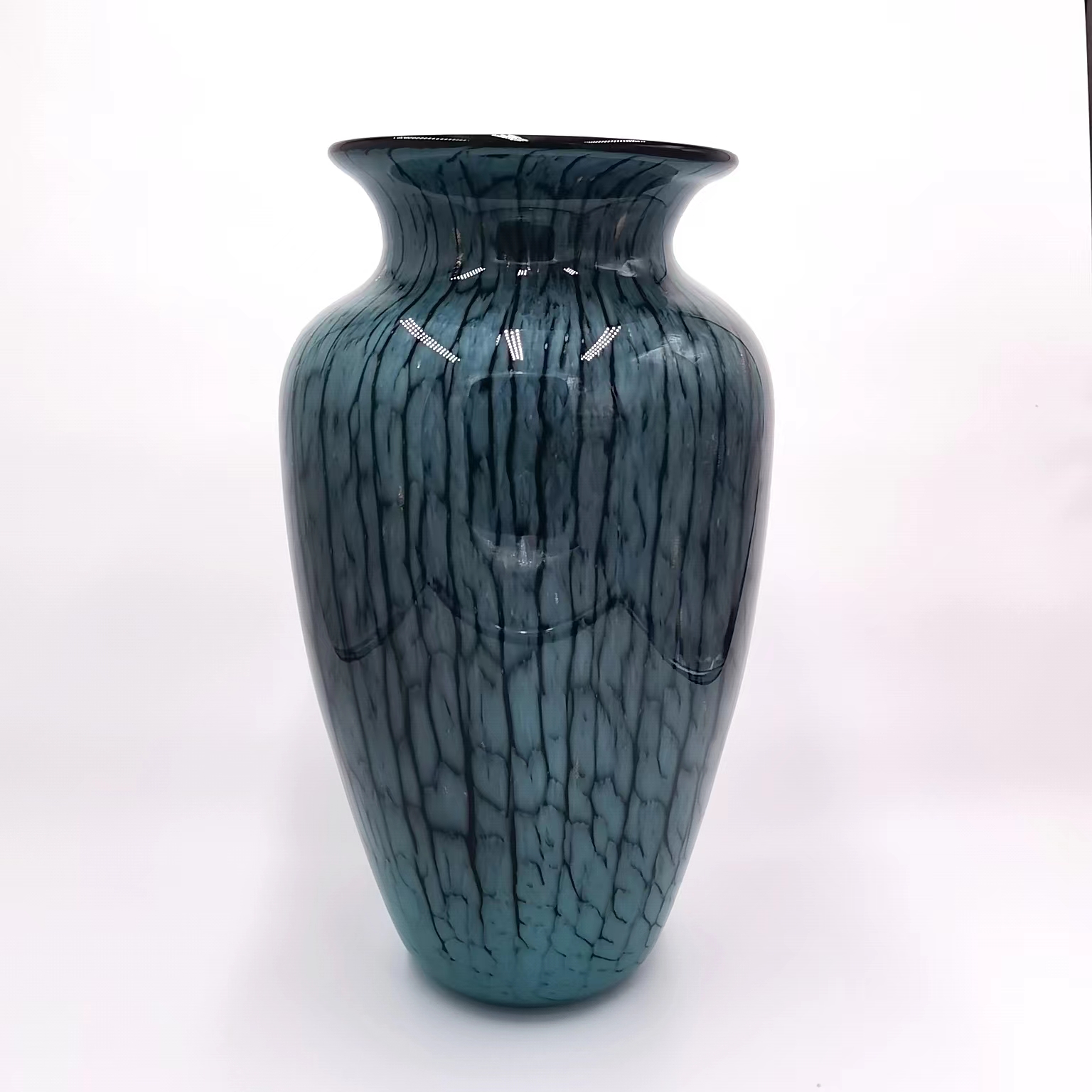 [豆豆]B680蓝釉竖纹插花花器装饰玻璃手作插花花瓶客厅摆件