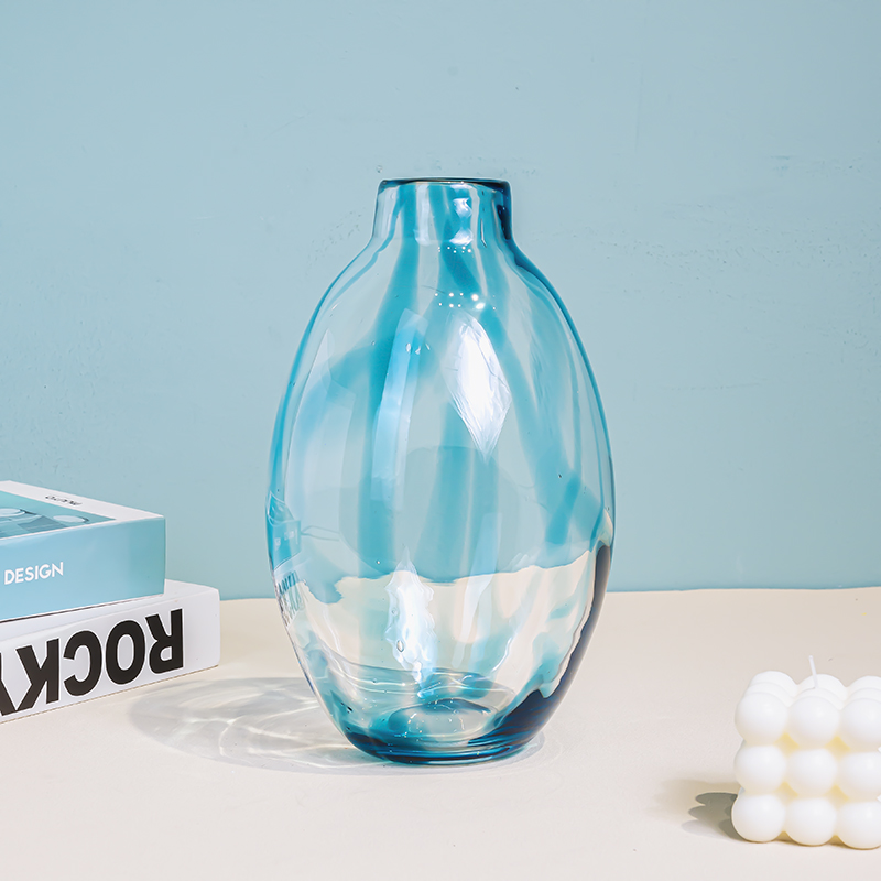 K327欧式轻奢简约蓝条色琉璃花瓶客厅桌面摆件