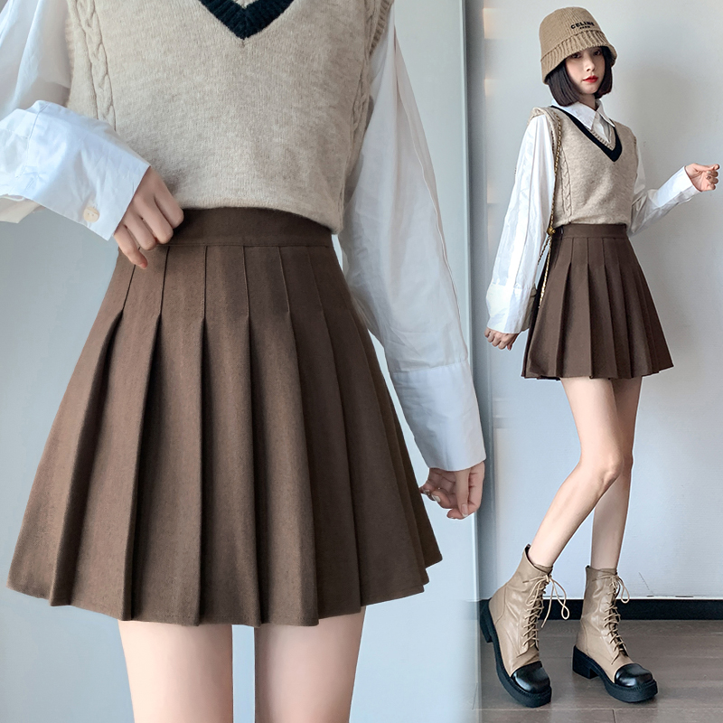 毛呢秋冬百褶裙女装加厚新款裙子显瘦显高腰a字短裙防走光半身裙