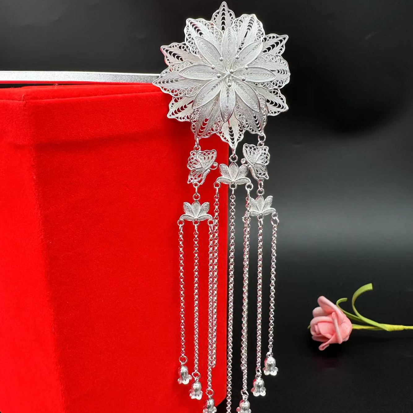 足银银制品 【花开富贵】足银纯手工超仙百搭长款古风素款发簪