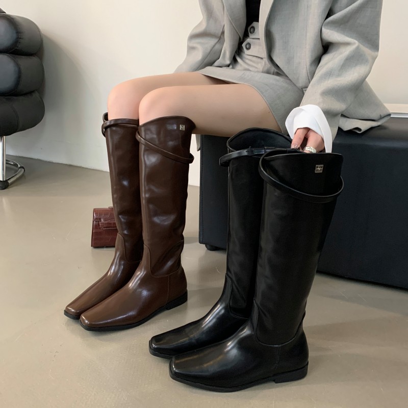 2024大筒围欧美小众直筒靴不过膝长筒靴时装靴黑色英伦风骑士长靴