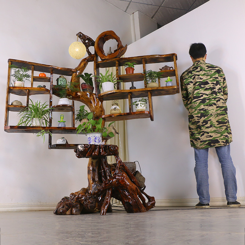 根雕博古花架树根实木阳台多层花架原木客厅整体根艺花盆架J4829