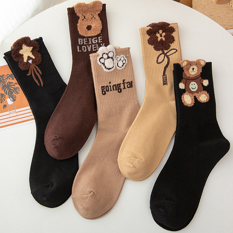 2023秋冬新款袜子女中筒袜百搭可爱学生长袜羽毛纱毛绒小熊ins潮