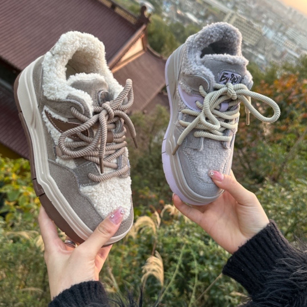 2023秋冬季新款爆款时尚百搭加绒毛毛鞋女系带厚底软底休闲鞋防滑