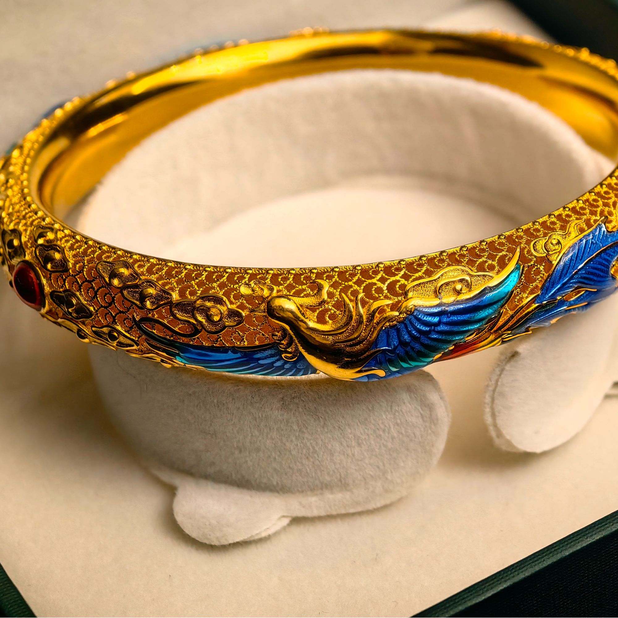 足银珐琅手镯 龙凤景态蓝花丝珐琅彩手镯精美大气镯子女足银999