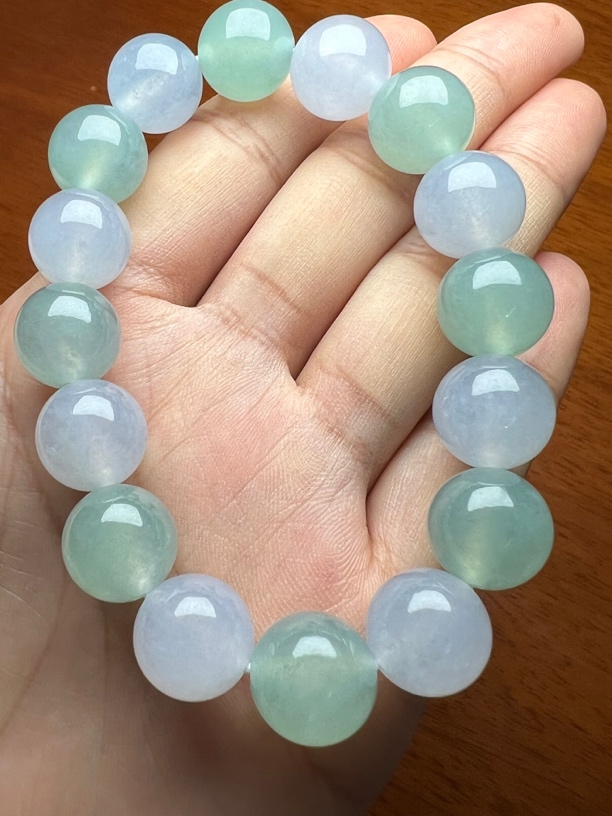 缅甸翡翠A货 糯冰种马卡龙男士手链13.0mm*16颗