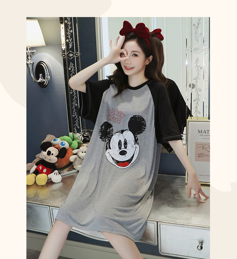 （带胸垫）纯棉睡裙米奇睡衣女夏季薄款短袖中长款卡通大码家居服