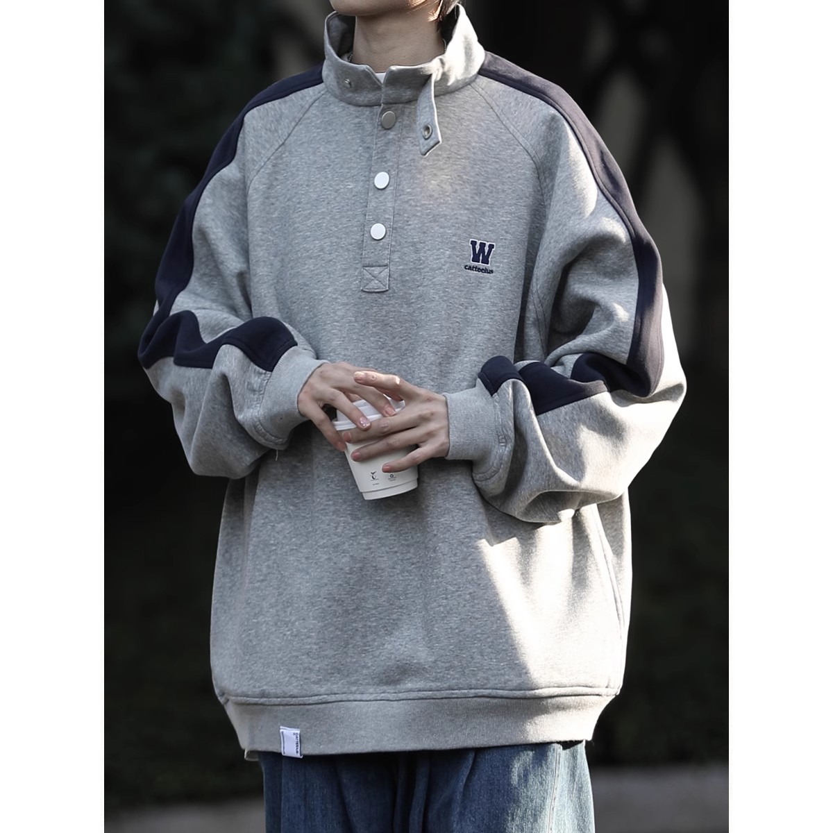 春秋日系复古cityboy拼接立领休闲卫衣情侣宽松套头工装外套学生