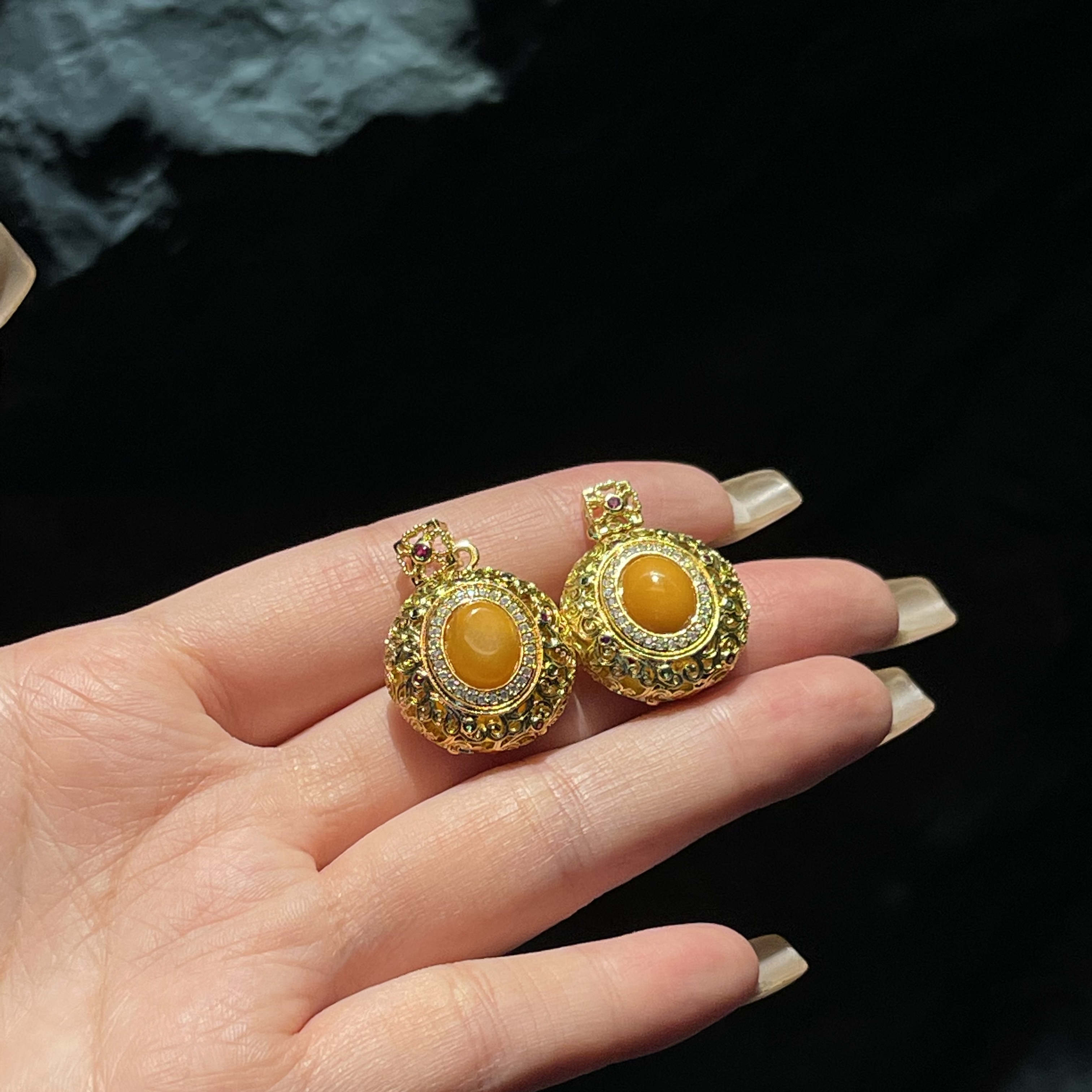 合金玻璃吊坠 YS8981 黄色ML带闪椭圆圆形吊坠