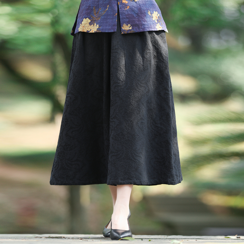 筠雅夏季新款中国风黑色棉麻半身裙新中式显瘦半身气质裙子24J113