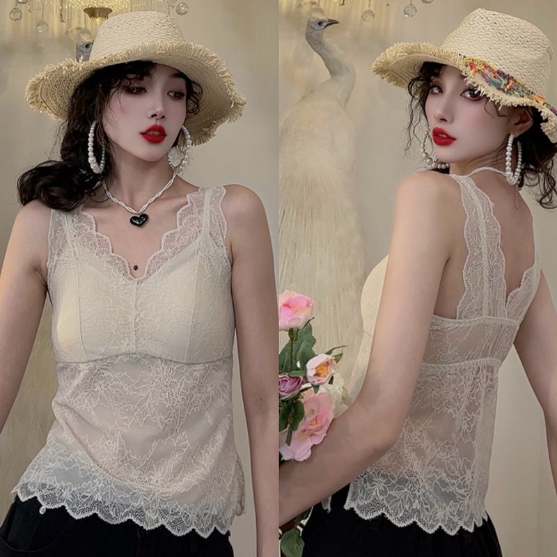 美背文胸一体背心2024夏季法式蕾丝性感吊带内搭打底内衣女-2832