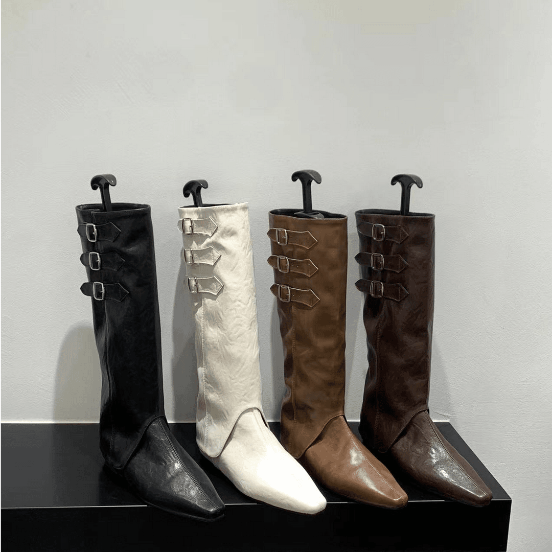 两穿可拆卸靴筒2025春秋爆款皮带扣尖头内增高中跟短靴高筒长靴女