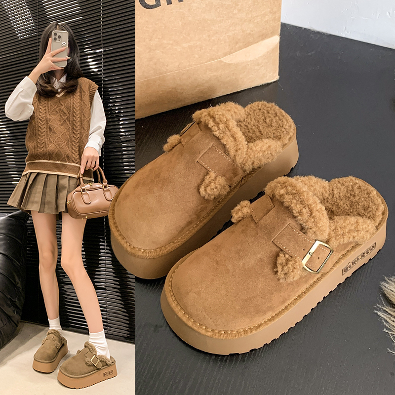 厚底勃肯鞋女2024新款包头一脚蹬穆勒半拖鞋秋冬外穿加绒毛毛棉拖