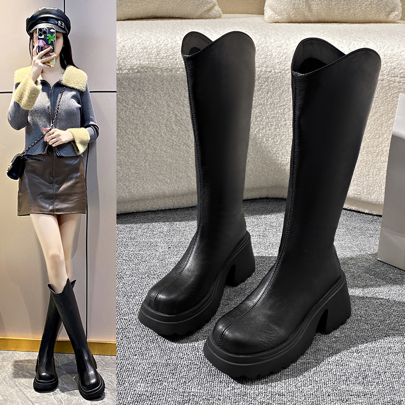 靴子女长筒靴内增高不过膝高跟厚底V口骑士靴女后拉链小个子长靴
