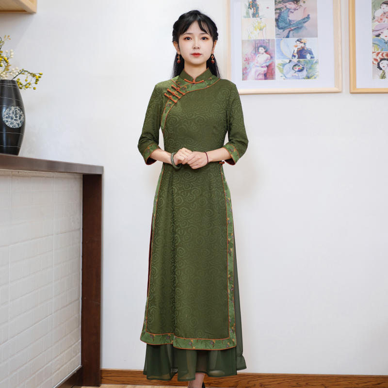 如意风改良旗袍中国风新款连衣裙女春款洋气长款裙子 23R015