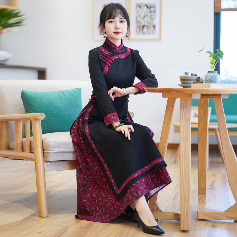 如意风奥黛旗袍中国风中式女收腰显瘦民国复古气质日常裙23J278