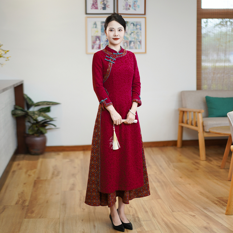 如意风奥黛旗袍中国风连衣裙女复古气质旗袍女款中国风裙子24R687