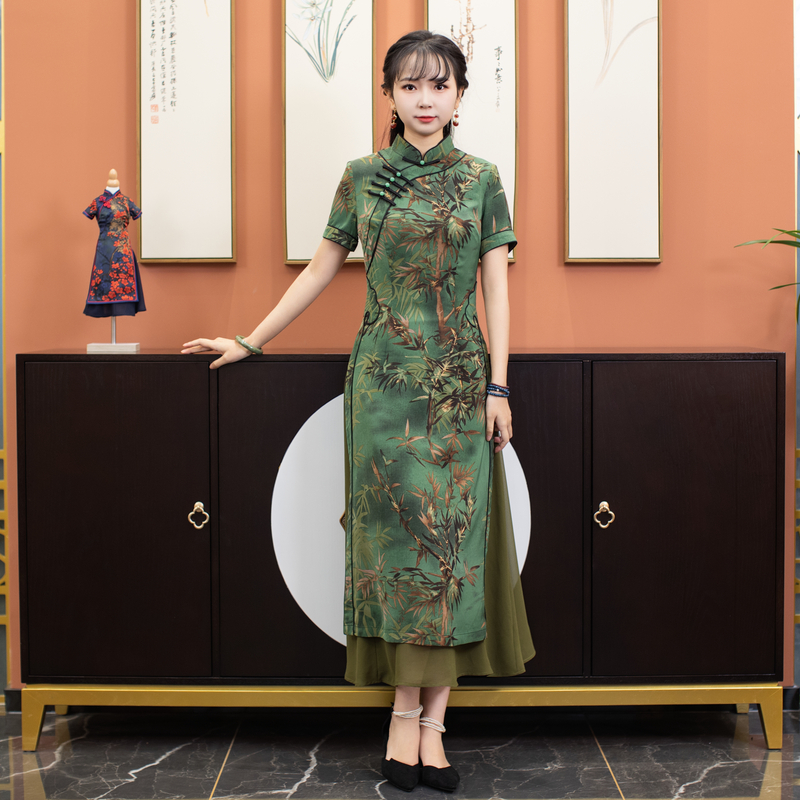 如意风奥黛旗袍中国风收腰显瘦长款年轻民国复古气质裙子女22R112