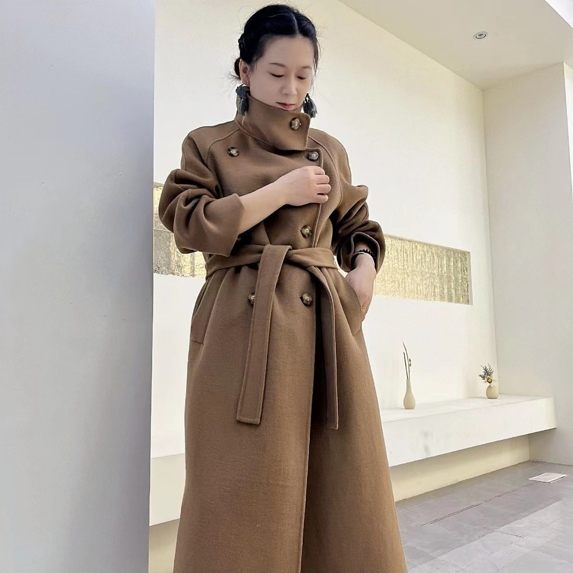  新款上市（乔戈漫）网红立领韩版双排扣系带长款 双面羊毛大衣女 