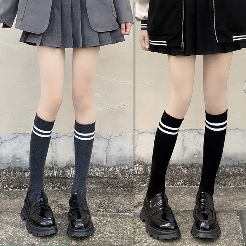 黑色长筒袜二杠小腿袜学院风jk袜子女秋冬中筒袜高筒过膝长袜