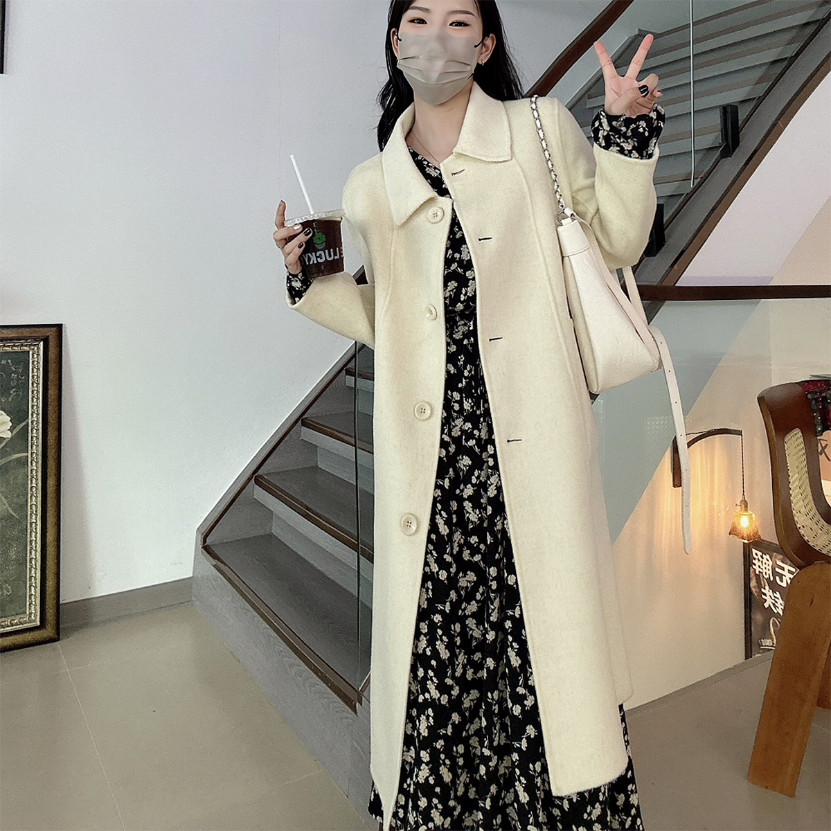 秋冬新款百搭气质娃娃领百分百超细羊毛双面呢经典大气娃娃领外套