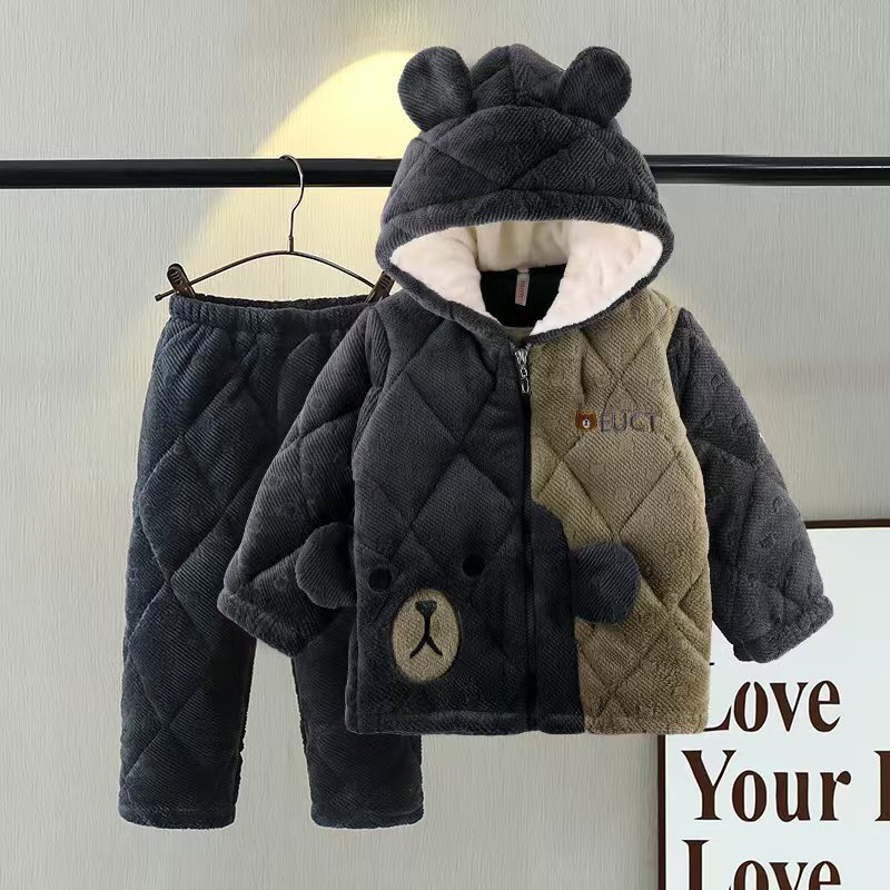 冬季男童睡衣儿童三层夹棉加厚加绒男孩冬天连帽保暖家居服套装